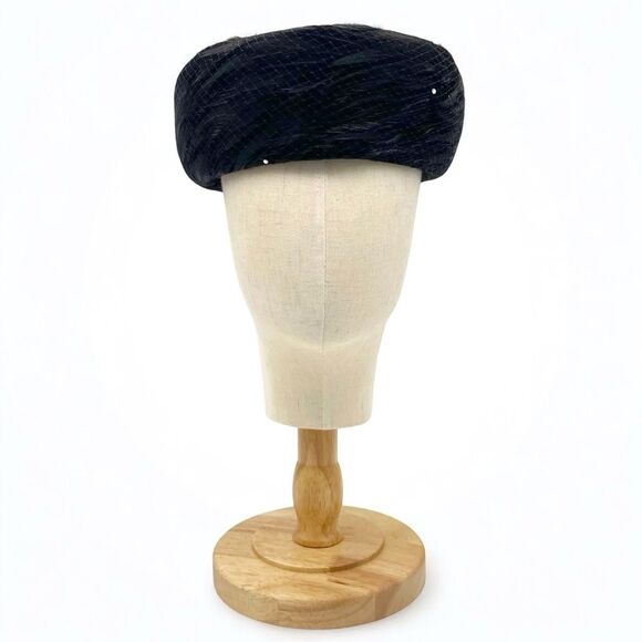 Vintage 1950s Coralie Feathered Pillbox Hat Black Velour with Veil & Rhinestones - Picture 7 of 15